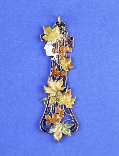 Přívěsek Lalique, tvarovaný jako hlava secesní panny z profilu, cca 1900 (kov, smalt) od Rene Jules Lalique
