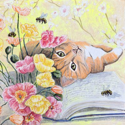 Kočka mezi máky od Renee Machan Cottagecore Artist