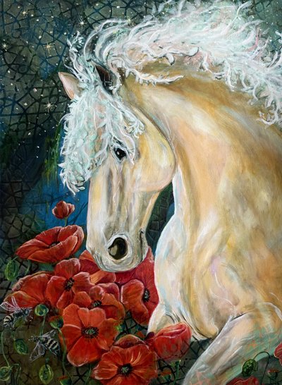 Záhadný kůň a máky od Renee Machan Cottagecore Artist