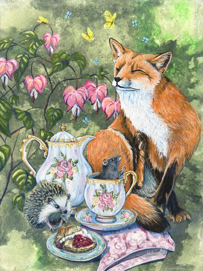„Odpolední čaj“ – Ježek a myš s květy srdcovky od Renee Machan od Renee Machan Cottagecore Artist