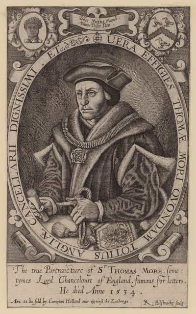 Sir Thomas More , anglický právník, státník, filozof a humanista (rytina) od Renold (after) Elstrack