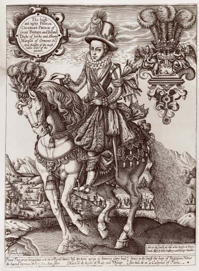Karel I. jako princ z Walesu na koni, z „Knihy králů“, 1618 od Renold Elstrack