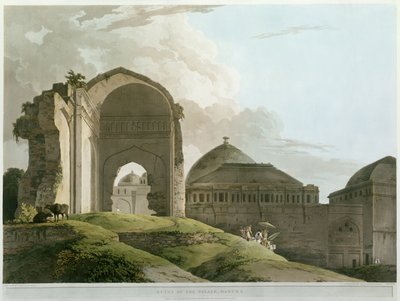 Ruiny paláce v Madurai, vyryté Thomasem a Williamem (1769-1837) Daniell, publikoval 1798 (barevně lito) od Rev. Edward Thomas Daniell