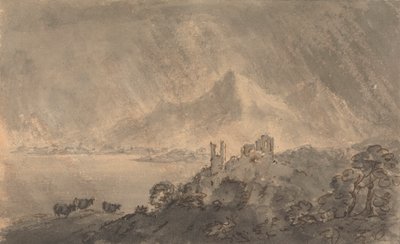 Hrad nad jezerem se vzdálenou horou pod bouřlivou oblohou od Rev. William Gilpin