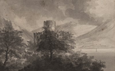 Wooded Lakeland Castle: capriccio, 1804 (štětec a jednobarevné mytí na papíře) od Rev. William Gilpin