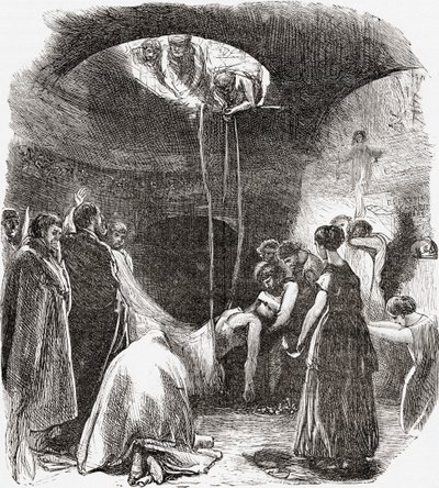 Raně křesťanský pohřeb v katakombách v Římě, Itálie. Z knihy Italian Pictures od Rev. Samuela Manninga, vydané kolem roku 1890. od Reverend Samuel Manning