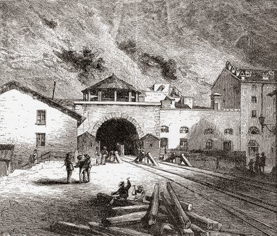 Železniční tunel Fréjus zvaný také tunel Mont Cenis, evropské Alpy, z italské strany na konci 19. století. Z knihy Italian Pictures od Rev. Samuela Manninga, vydané kolem roku 1890. od Reverend Samuel Manning
