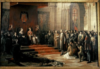 Kolumbus s katolickými králi (Isabelou a Fernandem) z... od Ricardo Balaca y Canseco