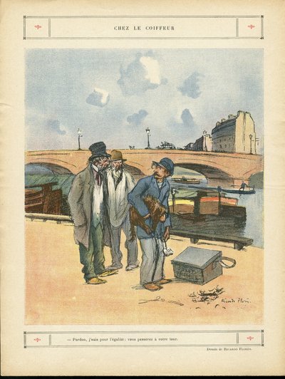 Ilustrace Ricarda Florese (1878-1918) v Le Rire, 5.10.12 - U kadeřníka - Paříž, Profese, Architektura Městské plánování, Most, Řeka - Pes, Kadeřník od Ricardo Flores