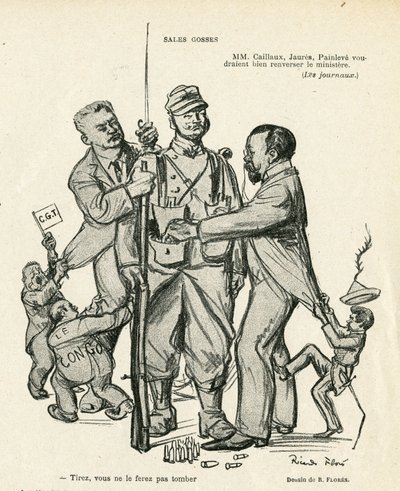 Ilustrace Ricarda Florese (1878-1918) v Le Rire, 21/06/13 - Prodej dětí - Armee, vojenská služba, socialismus - Jaures Jean, Caillaux Joseph (1863-1944), Painleve Paul (1863-1933) od Ricardo Flores