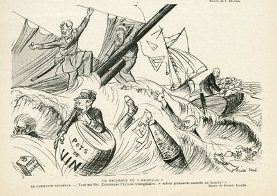 Ilustrace Ricarda Florese (1878-1918) v Le Rire, 25.05.12 - Ztroskotání radikální - Radikalismus, Námořní mořské pobřeží, Kouření, Jachting, Tabák - Combes Emile (1835-1921), Andre Louis (1838-1913 ), Pelletan Camille (1846-1915) - Grafická parod od Ricardo Flores