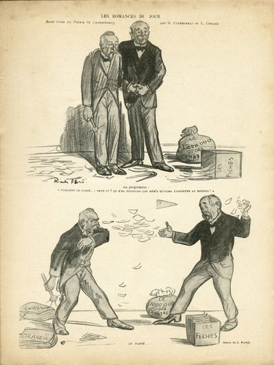 Ilustrace Ricarda Florese (1878-1918) v Le Rire, 28.12.12 - Romance dne - Případ Panama, Případ rekordů, Represe - Milion Chartreux - Combes Emile (1835-1921), Clemenceau George od Ricardo Flores
