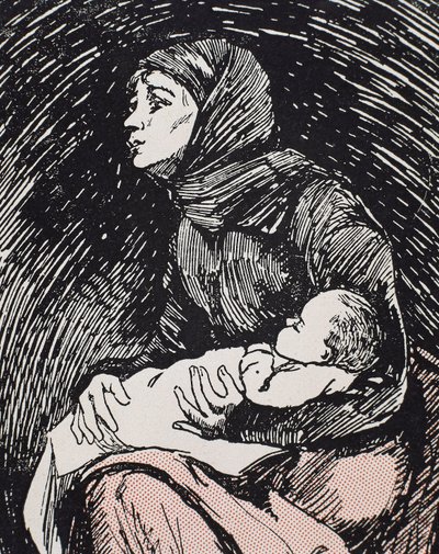 Štědrý večer. 1900. Hubená žena s dítětem v náručí (rytina) od Ricardo Maria Navarrete
