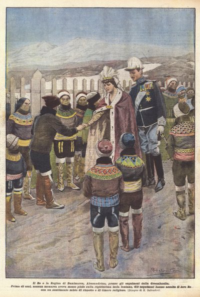 Král a královna Dánska, Alexandrine, grónským Eskymákům (barva litho) od Riccardo Salvadori