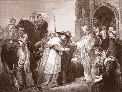Kardinál Wolsey v Leicester Abbey, vyryto R. Waltherem (litho) od Richard (after) Westall