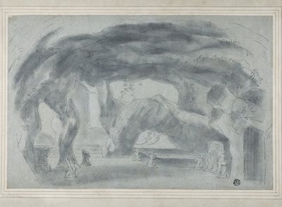 Interiér jeskyně (černá křída s tupováním, zesílená doteky bílé křídy, na modrém položeném papíře, položená na kartě) od Richard (attr.to) Wilson