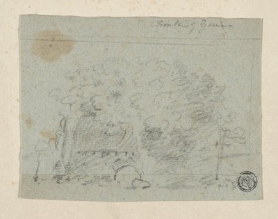 Náčrt stromů u mostu (uhlí a grafit na modrém položeném papíře, nakloněný na krémově tkaný papír) od Richard (attr.to) Wilson