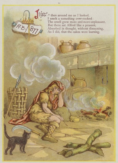 Stránka z Upstream od Richarda Andreho, King Alfred and the cakes (color litho) od Richard Andre
