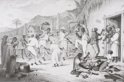 Black Dance, teoksesta "West India Scenery with Illustrations of Negro Character", painatus R. Jennings od Richard Bridgens