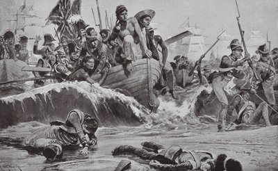 Britská vojska se vyloďují v zátoce Abúkir před francouzskými bateriemi (litografie) od Richard Caton II (after) Woodville