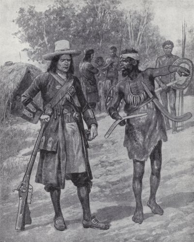 William Dampier s domorodým mužem během jeho průzkumu Austrálie, konec 17. století (litho) od Richard Caton II (after) Woodville