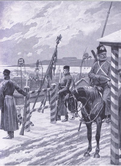 Kozácká stanice v Mandžusku s kmenovými znaky nad pánskými chýšemi, ilustrace z Cassells Historie rusko-japonské války Vol 1, kolem roku 1900 od Richard Caton Woodville