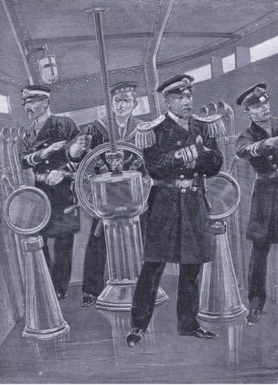 Admirál Togo na velitelské věži své vlajkové lodi řídí námořní akci, ilustrace z knihy Cassells History of the Russo-Japanese War Vol. 1, cca 1900. od Richard Caton Woodville