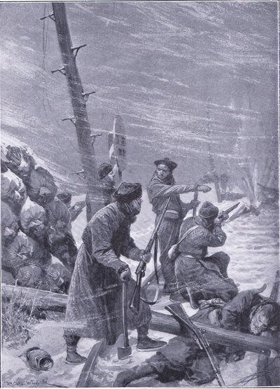 Útok na železnici od Chunchusů, ilustrace z Cassells Historie rusko-japonské války Vol 1, kolem roku 1900 od Richard Caton Woodville