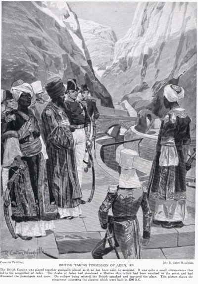Britové zmocnění se Adenu, ilustrace z „Hutchinsonova příběhu britského národa“ od Richard Caton Woodville