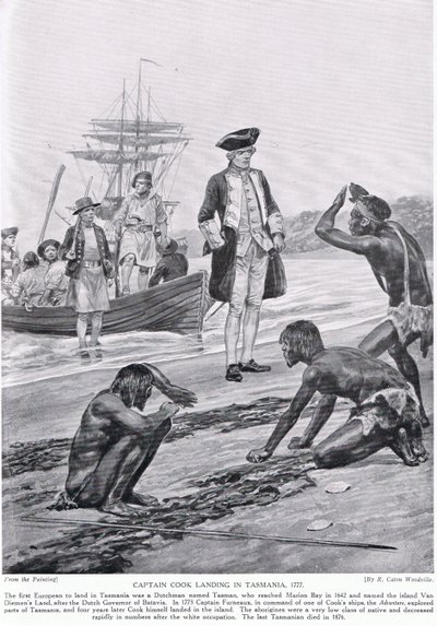 Přistání kapitána Cooka v Tasmánii, 1777, ilustrace z 
