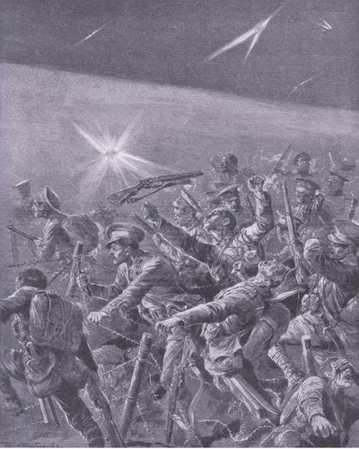 Chycen v zápletkách s ostnatým drátem: Noční útok britské pěchoty, z History of the Great War Vol 3 vydané nakladatelstvím Waverley Book Co Limited, kolem roku 1920 od Richard Caton Woodville