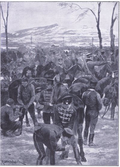Japonský jezdecký tábor v Soulu: Podkováři v práci, ilustrace z Cassells Historie rusko-japonské války Vol 1, kolem roku 1900 od Richard Caton Woodville
