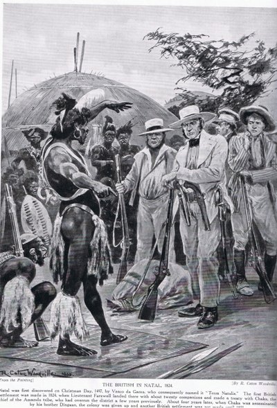 Britové v Natalu v roce 1824, ilustrace z „Hutchinsonova příběhu britského národa“ od Richard Caton Woodville