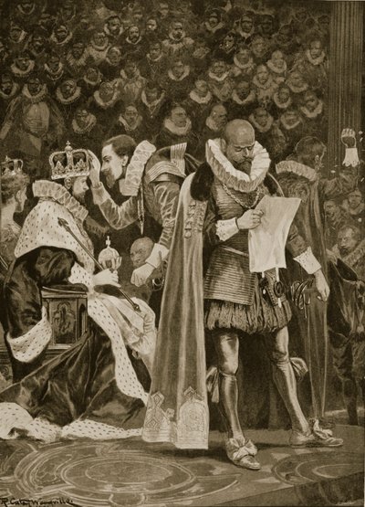 The Homage, the Largesse and General Pardon při korunovaci Jakuba I. a Anny Dánské, 25. července 1603, z „The Illustrated London News“, 1902 od Richard Caton Woodville