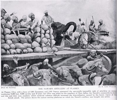Nawabovo dělostřelectvo v Plassey, ilustrace z „Hutchinsonova příběhu britského národa“, kolem roku 1923 od Richard Caton Woodville
