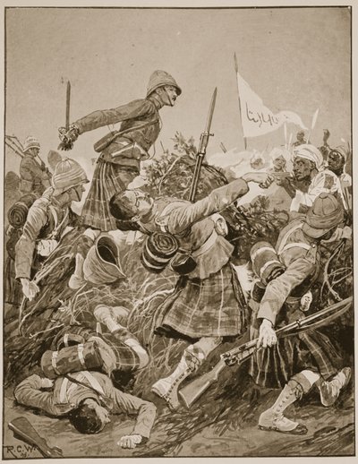 Seaforth Highlanders útočící na zarebu v bitvě u Atbary, ilustrace z 