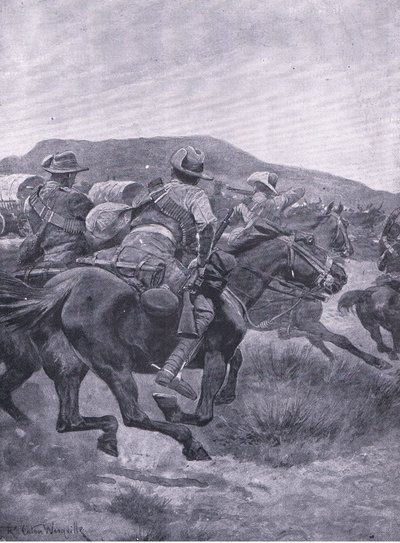 Yeomanry útočící na zadní voj a transport De Wets, z After Pretoria: The Guerilla War vydané nakladatelstvím Harmsworth Bros Limited, 1901 od Richard Caton Woodville