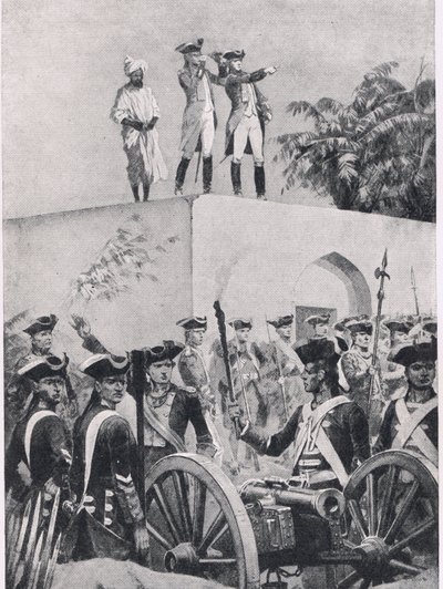 Bitva u Plassey, 23. června 1757: Clive na střeše loveckého zámečku Nawab Surat-ud-Daulah, ilustrace z britských bitev na souši a na moři, 1915 od Richard Caton Woodville junior