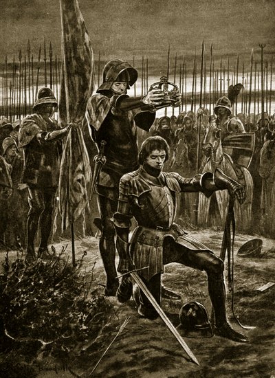 Jindřich VII. korunován v Bosworthu, ilustrace z „Hutchinsonova příběhu britského národa“, kolem roku 1923 od Richard Caton Woodville junior