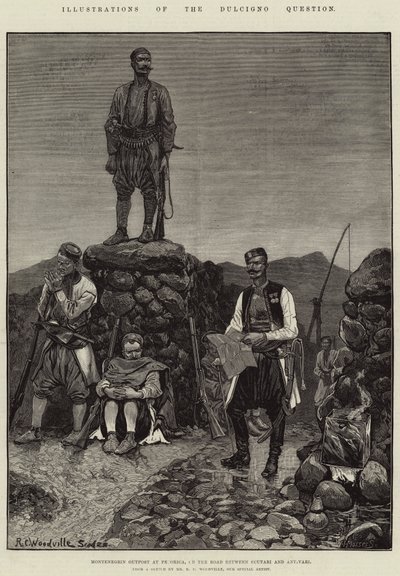 Ilustrace Dulcigno Question, Černohorská základna v Pecorice, na cestě mezi Scutari a Antivari od Richard Caton Woodville junior