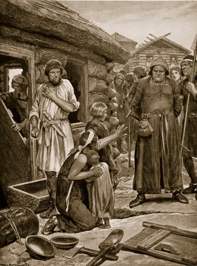 Nadměrně zdaněné subjekty vyhoštěné ze svých domů, ilustrace z „Hutchinsonova příběhu britského národa“, kolem roku 1923 od Richard Caton Woodville junior