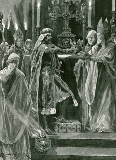 Richard I. předává korunu arcibiskupovi před aktem korunovace od Richard Caton Woodville junior