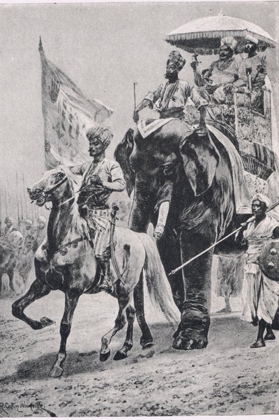 Siraj-ud-Daulah v Plassey, 23. června 1757, ilustrace z britských bitev na zemi a na moři, 1915 od Richard Caton Woodville junior