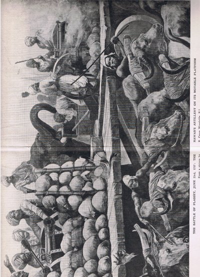 Bitva o Plassey 23. června 1757: Nawabské dělostřelectvo na své pohyblivé platformě, ilustrace z britských bitev na souši a na moři, 1915 od Richard Caton Woodville junior