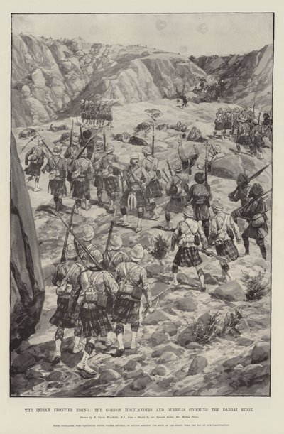 Povstání indických pohraničníků, Gordon Highlanders a Gurkhové útočí na hřeben Dargai od Richard Caton Woodville junior