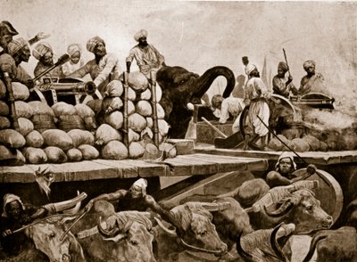 Nawabovo dělostřelectvo v Plassey, ilustrace z „Hutchinsonova příběhu britského národa“, kolem roku 1923 od Richard Caton Woodville junior