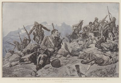 Útok Gordon Highlanders na hřeben Dargai, Piper Findlater pokračuje ve hře, ačkoli je zraněn na obou nohách. od Richard Caton Woodville junior