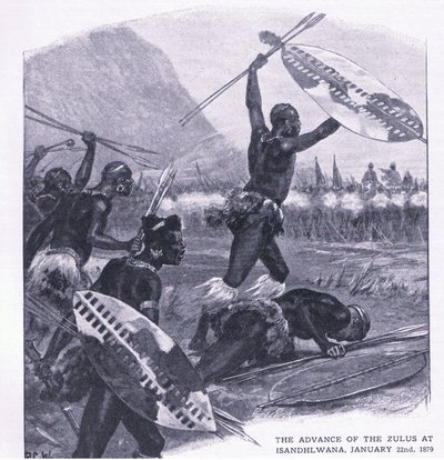 Postup Zulů u Isandhlwany 22. ledna 1879, ilustrace z knihy Britské bitvy na souši a na moři , 1915 od Richard Caton Woodville junior