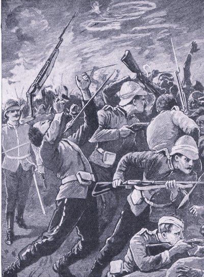 Obrana Rorkes Drift, ilustrace z knihy Britské bitvy na souši a na moři , 1915 od Richard Caton Woodville junior