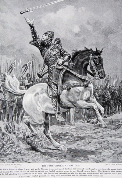 První útok v Hastings: Taillefer, žonglér s mečem, vyjel z řady, zpíval a házel mečem do vzduchu, 1066, ilustrace z „Hutchinsonova příběhu britského národa“, c.1 od Richard Caton Woodville junior